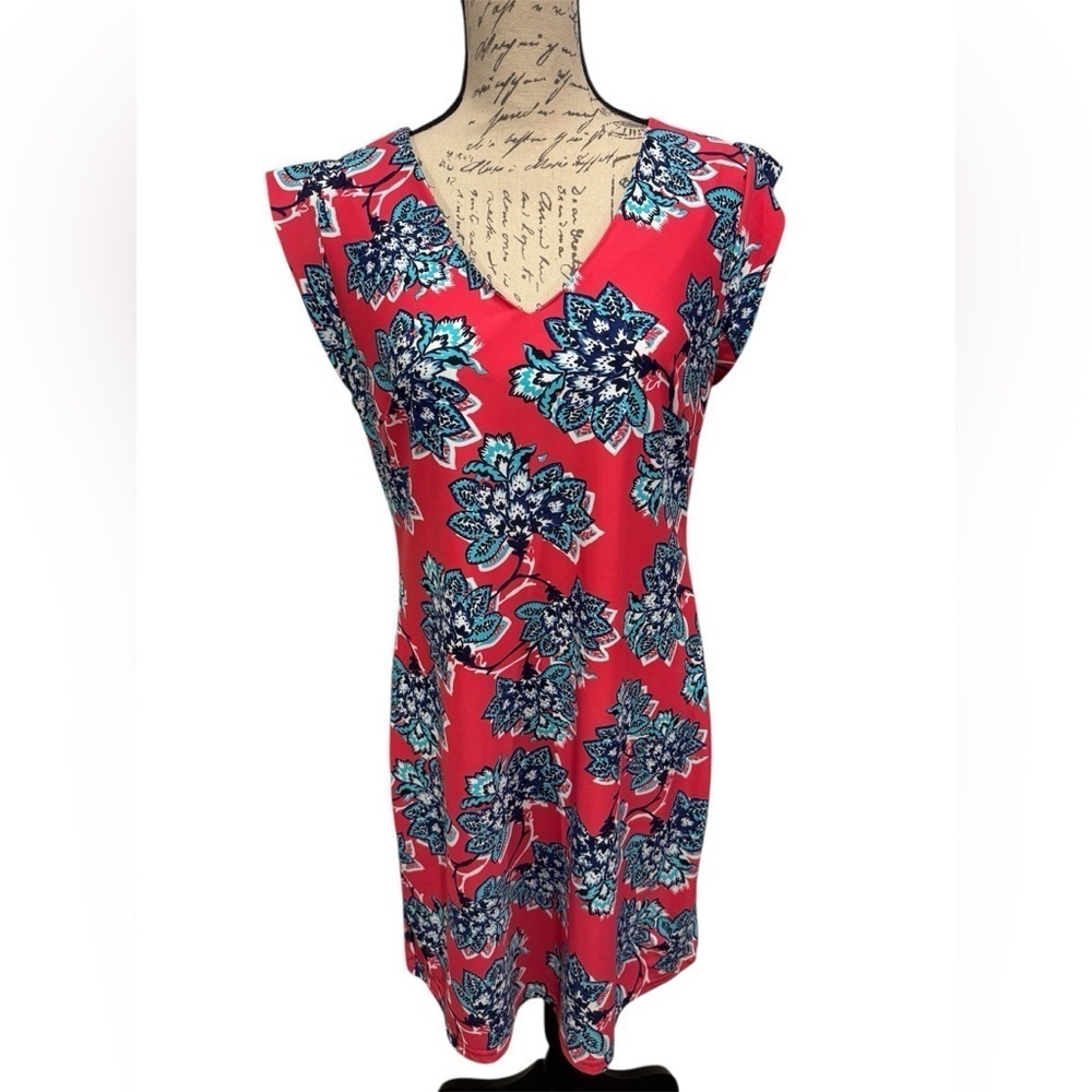Aryeh Ladies Short Sleeve Pink Coral Blue Floral Summer Casual Dress Size Large